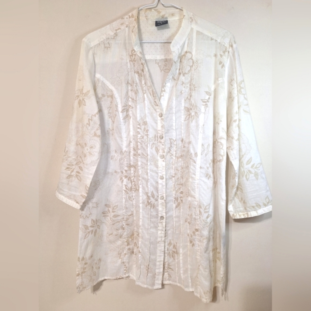 Tribal 8 Cotton Gauze Button Up 1/2 Sleeve Lightweight White And Tan Foral Tunic